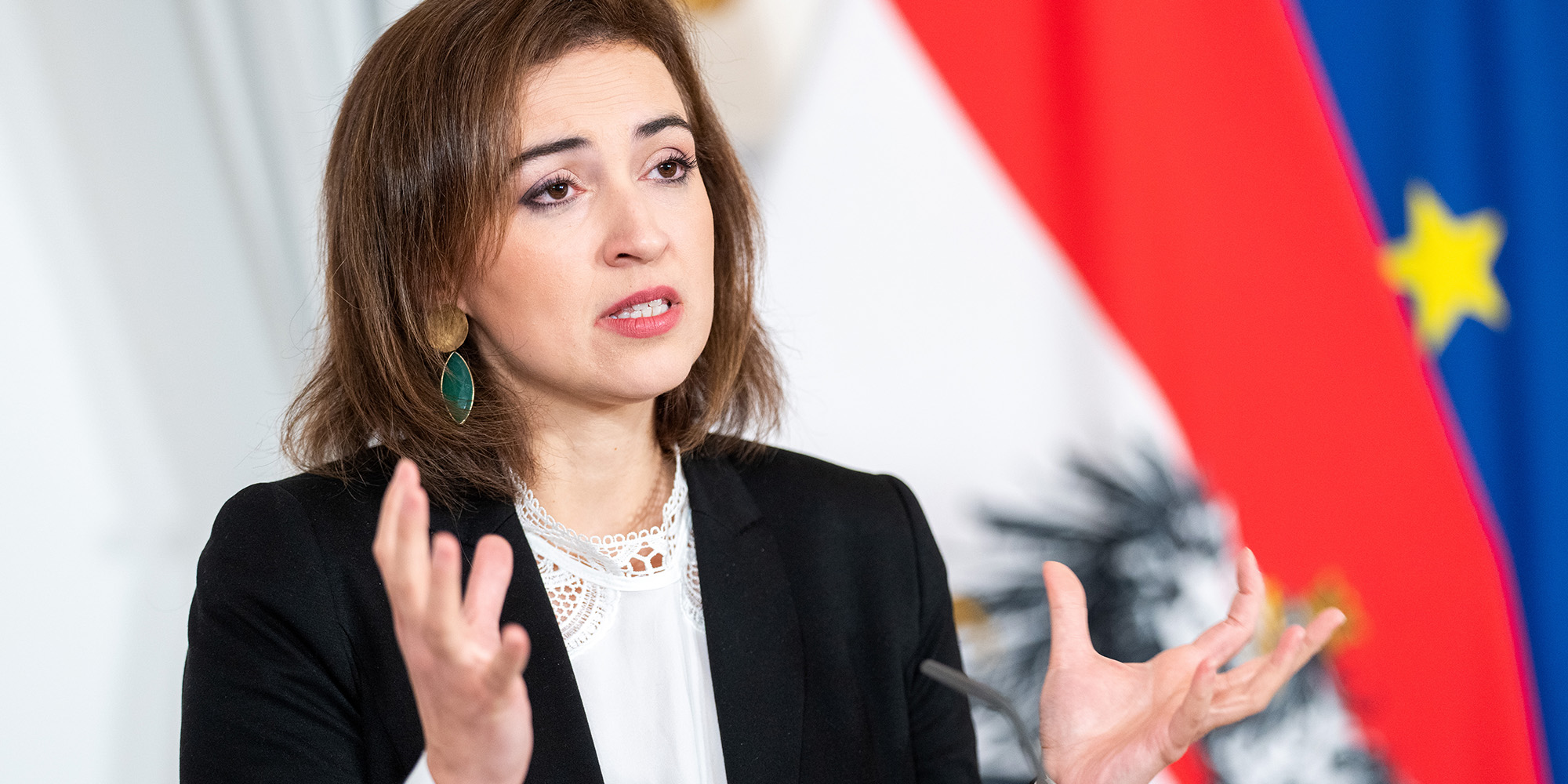 Justizministerin Alma Zadic (Grüne) während einer Pressekonferenz