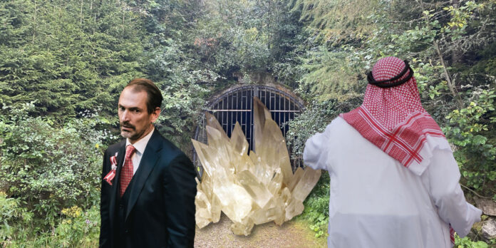 Fotomontage: Vor einem Mieneneingang stehen ein Scheich mit einem Lithium Kristall und FPÖ Abgeordneter Christian Ragger