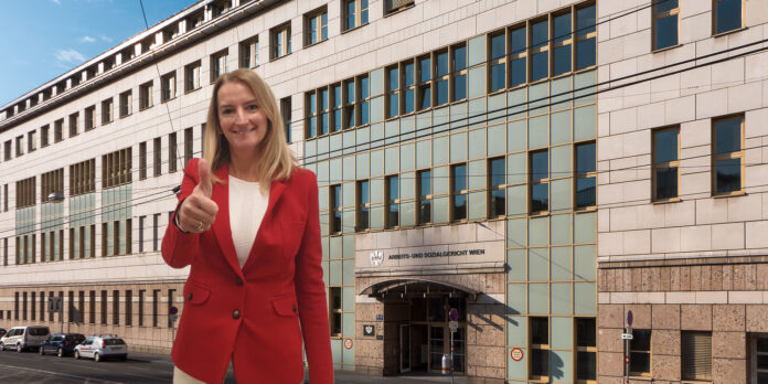 Fotomontage von Sonja Sagmeister vor dem Wiener Arbeits- und Sozialgericht
