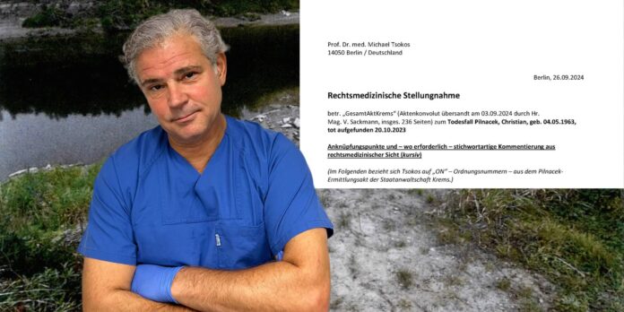 Michael Tsokos vor einem Ausschnitt seines Gutachtens