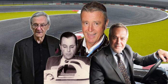 Wolfgang Schüssel, Sigi Wolf, Gernot Rumpold und Bela Barenyi vor einer Rennstrecke